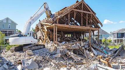 Demolition excavator destroying residential home in suburban neighborhood