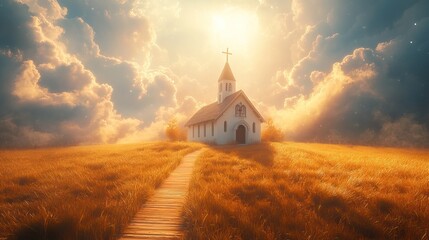 A white church in a field with dramatic sunlight breaking through the clouds