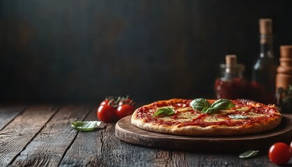 Delicious homemade pizza topped with fresh basil and tomatoes on a wooden table