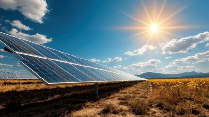 A vast array of solar panels stretches under a radiant blue sky, the sun shining brightly, reflecting the commitment to renewable energy and environmental care.