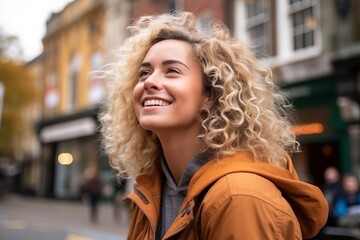 Canvas Print - Portrait of a beautiful young woman with curly hair smiling in the city