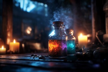 Two bottles of colorful potion with smoke coming out on a wooden table with candles in the background.