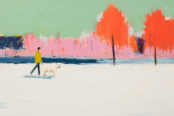 Poster - A men walking with his dog Samoyed in the park in London painting outdoors mammal.