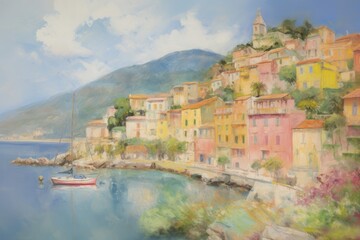 Poster - Italian coastal town painting waterfront landscape.