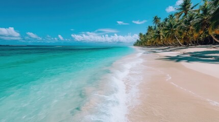 Pristine sandy beach with clear turquoise waters under a sunny blue sky and leaning palm trees, perfect for a tropical escape and relaxation.