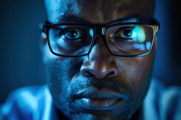 Business professional with glasses reflecting computer screen, focused on eye health and technology. Programmer analyzing code for software development