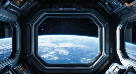 space ship window: interior view of spacecraft with air lock and footed station