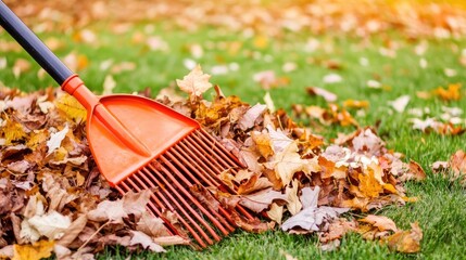 Wall Mural - A person gathers fallen orange leaves into a neat pile, basking in the warm sunlight of a beautiful autumn day