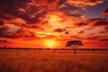 Poster - Photo of sunset sky savanna landscape grassland.