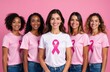 © yuntunen - Diverse women in pink ribbons, symbolizing unity for cancer awareness. Soft pink gradient background highlights their support. Ideal for health campaigns and awareness initiatives.