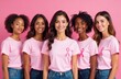 © yuntunen - Diverse women in pink ribbons, symbolizing unity for cancer awareness. Soft pink gradient background highlights their support. Ideal for health campaigns and awareness initiatives.