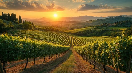 Poster - Serene vineyard landscape at sunset with rolling hills.