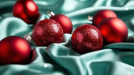 This image elegantly presents red classic Christmas ornaments decoratively placed on rich teal fabric, emphasizing traditional festive themes and vibrant color contrasts.