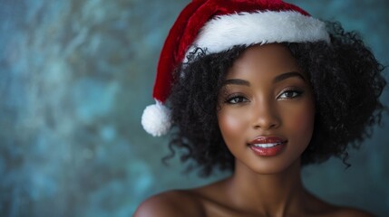 Wall Mural - A woman with curly hair is wearing a red santa hat and smiling