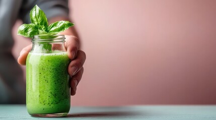 A person extends their hand, offering a vibrant green smoothie topped with basil leaves. The drink symbolizes freshness, energy, and a healthy, organic lifestyle.