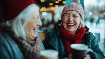 Two joyful older women share a hearty laugh over steaming cups of coffee at a cozy café setting, capturing a moment of friendship and warmth during winter.