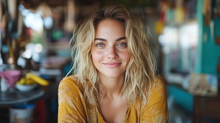 Portrait of a smiling woman with relaxed blonde hair in a casual setting, conveying warmth and friendliness, with a softly blurred background highlighting her face.