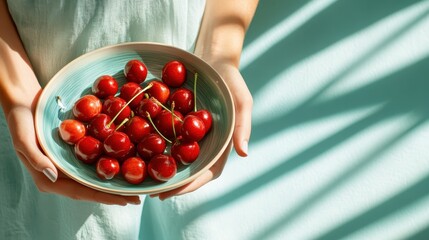 The photo captures an individual holding a bowl of cherries, the turquoise bowl adding a complementary splash of color against the vivid red cherries.