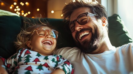 A man and a delighted child, both wearing glasses, share a joyful and heartfelt laugh together with festive lights in the background, capturing family happiness.