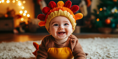 adorable baby dressed in a cute turkey costume for thanksgiving, surrounded by warm festive lighting