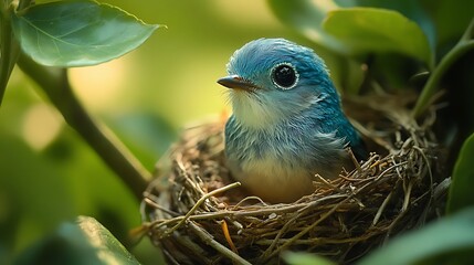 A small blue bird with big eyes sits in a nest of twigs, surrounded by green leaves.