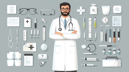 A doctor with a beard and stethoscope is standing in front of a variety of medical instruments and supplies, including syringes, pills, test tubes, bandages, and a first aid kit.