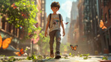 "Whimsical Adventure: A Cartoon Boy in Downtown Bliss"