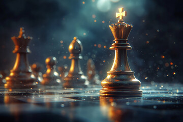 Golden king chess piece is standing on chessboard with other chess figures in background. Concept of strategy and tactics for winning