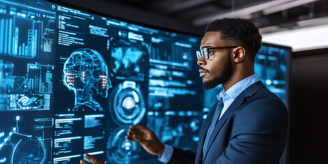 A focused Black African American IT specialist analyzing futuristic data on a large digital screen, immersed in technology and innovation in a modern office setting.