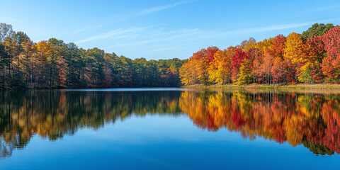 Canvas Print - a peaceful lake mirrors the vibrant hues of autumn foliage, with trees displaying brilliant shades o