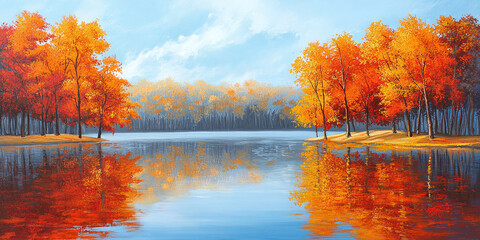 Canvas Print - a peaceful lake mirrors the vibrant hues of autumn foliage, with trees displaying brilliant shades o