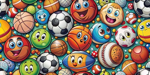 Cartoon Sport Balls Characters in a Dynamic Pattern Featuring Football, Baseball, Basketball, Tennis, and Hockey