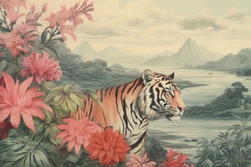 Poster - Tiger in flowers garden by lake landscape wildlife outdoors.