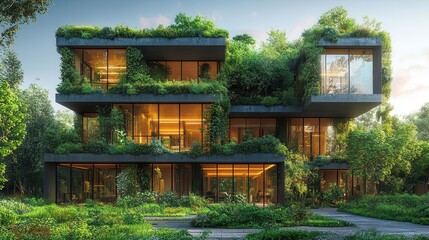 Wall Mural - a panoramic view of a modern green office building showcasing its innovative architecture and ecofri