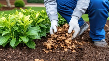 Wall Mural - A man in blue pants and gloves is collecting leaves into large bags for spring garden cleaning in a bright backyard setting