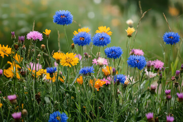 Canvas Print - Colorful wildflowers bloom in a sunny field during springtime