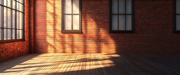 Wall Mural - 3D illustration mockup of traditional loft room interior with brick wall, classic wall paneling, and windows.