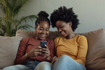 Wall Mural - African American lessbian couple laughing sitting adult.