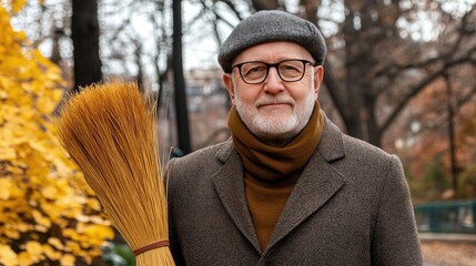 A joyful elderly man in work attire sweeps the park, promoting cleanliness and community pride with a warm smile