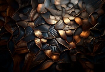 Poster - A close-up of a textured surface with swirling patterns and a metallic sheen, featuring overlapping shapes in shades of brown and gold.