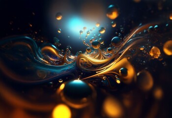 Abstract digital artwork featuring glowing spheres and liquid waves with a dark background.