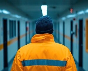 Worker in a bright yellow safety jacket walking through a corridor, focus on safety and workplace environment.