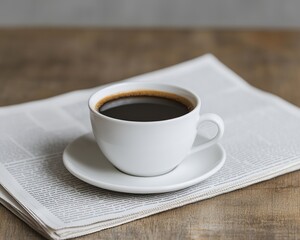 A cup of black coffee on a wooden table next to an open newspaper, inviting relaxation and contemplation.