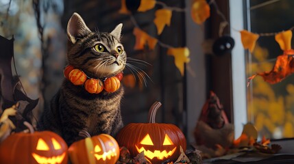 A cat with Halloween decorations, created with Generative AI technology