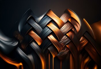 Canvas Print - Abstract woven pattern of black and gold metallic ribbons creating an interlacing structure.