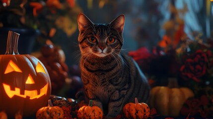 A cat with Halloween decorations, created with Generative AI technology