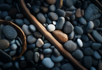 Poster - Smooth, rounded stones of various colors arranged around two wooden sticks.