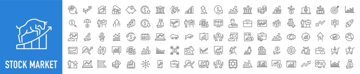 Set of 100 Stock Market web icons in line style. Investment, finance, table, bear, bull, stock exchange, profits, trading, growth ,collection. Vector illustration.	
