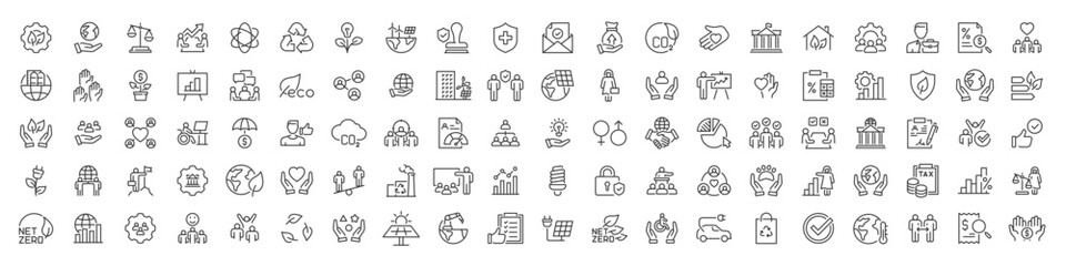 set of 100 esg, environmental social governance web icons in line style. sustainable development , s