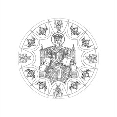 Wall Mural - Jesus Christ the greatest Bishop sitting on the throne sky round dome with 4 apostles and seraphim. Coloring page in Byzantine style